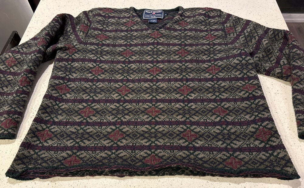 Vintage Polo Sport Ralph Lauren Wool V-neck Sweater XL Fair Isle Burgandy Stripe
